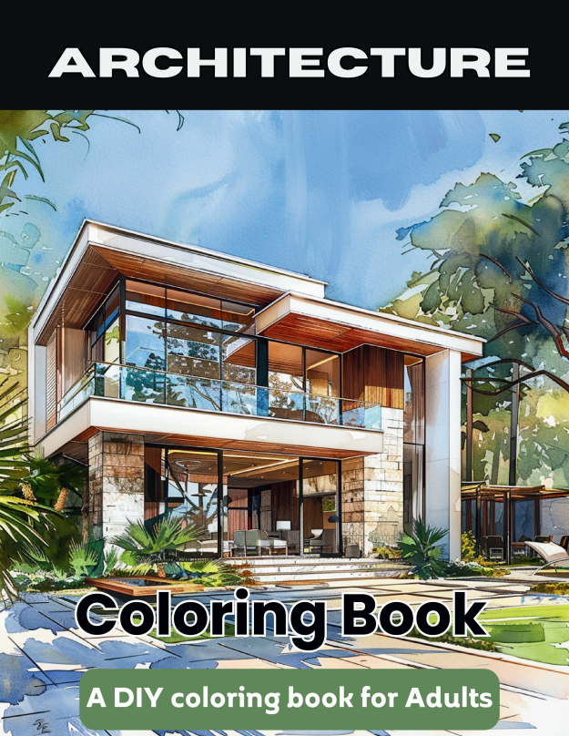 Modern houses, interior designs, decorating, coloring books for adults.
