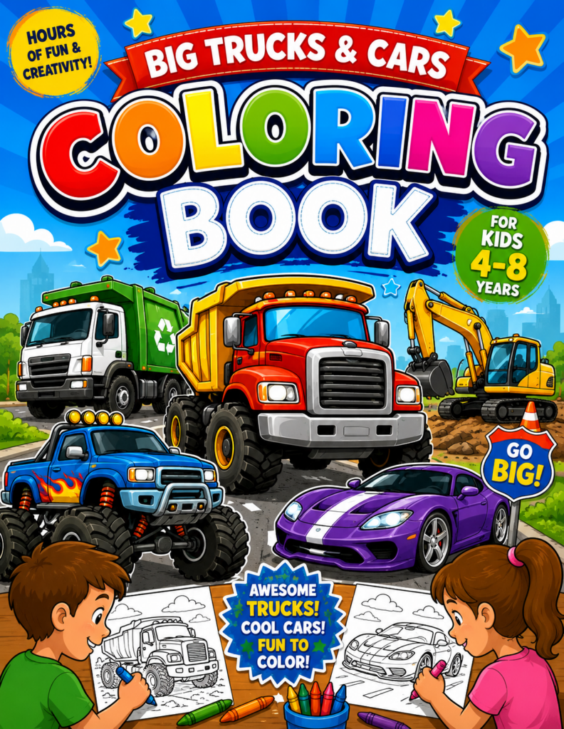 Big Trucks 2, Coloring Book for Kids Ages 3–5. 54 Fun Coloring Activities with Practice Color Palettes on Every Page + BONUS Corn Maze Puzzles.