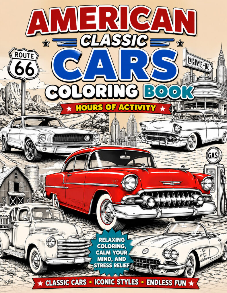 American Classic Cars Coloring Book & Maze Puzzles.