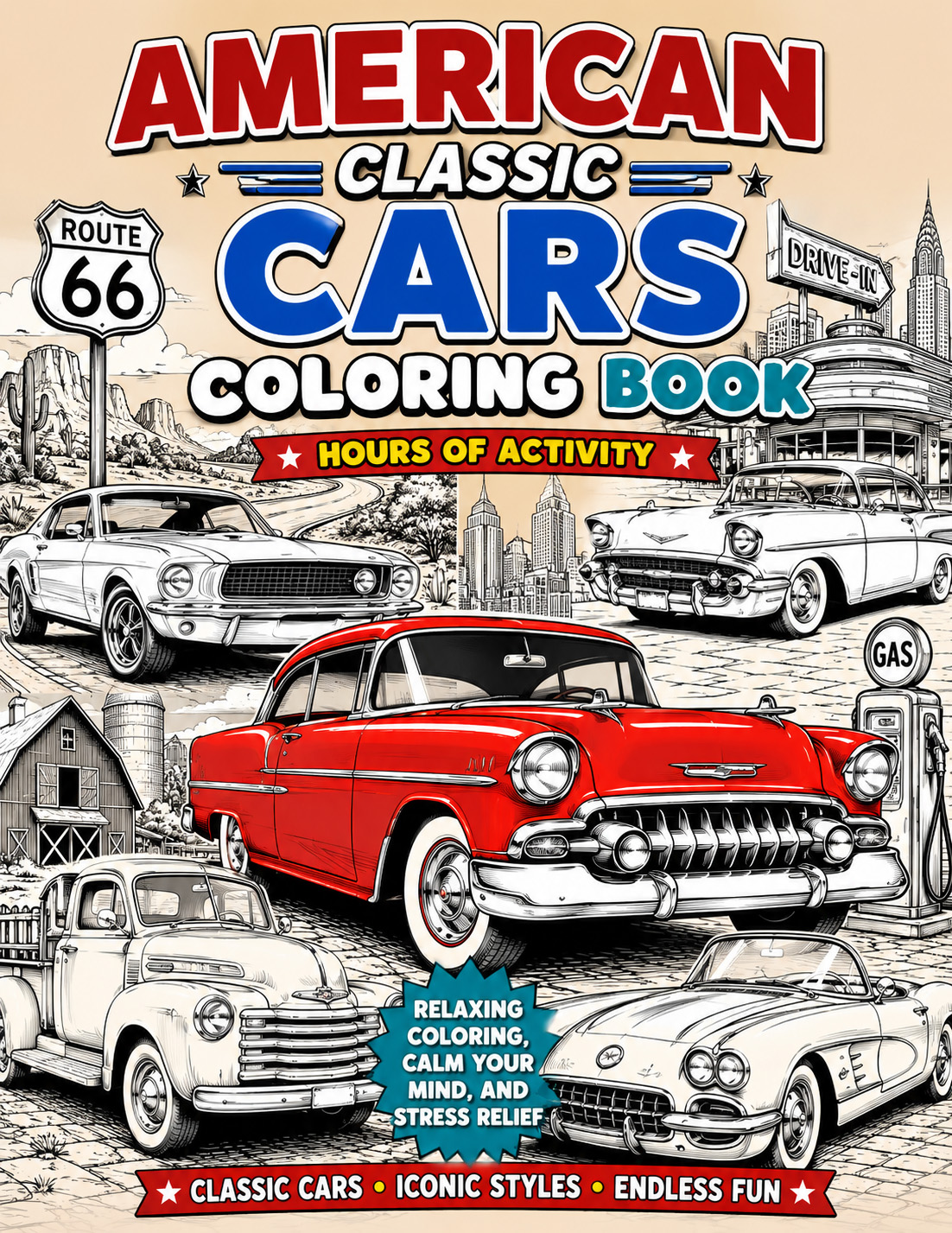 American Classic Cars Coloring Book & Maze Puzzles.